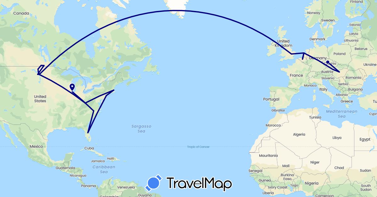 TravelMap itinerary: driving in Austria, Belgium, Canada, Czech Republic, United Kingdom, Hungary, Netherlands, United States (Europe, North America)